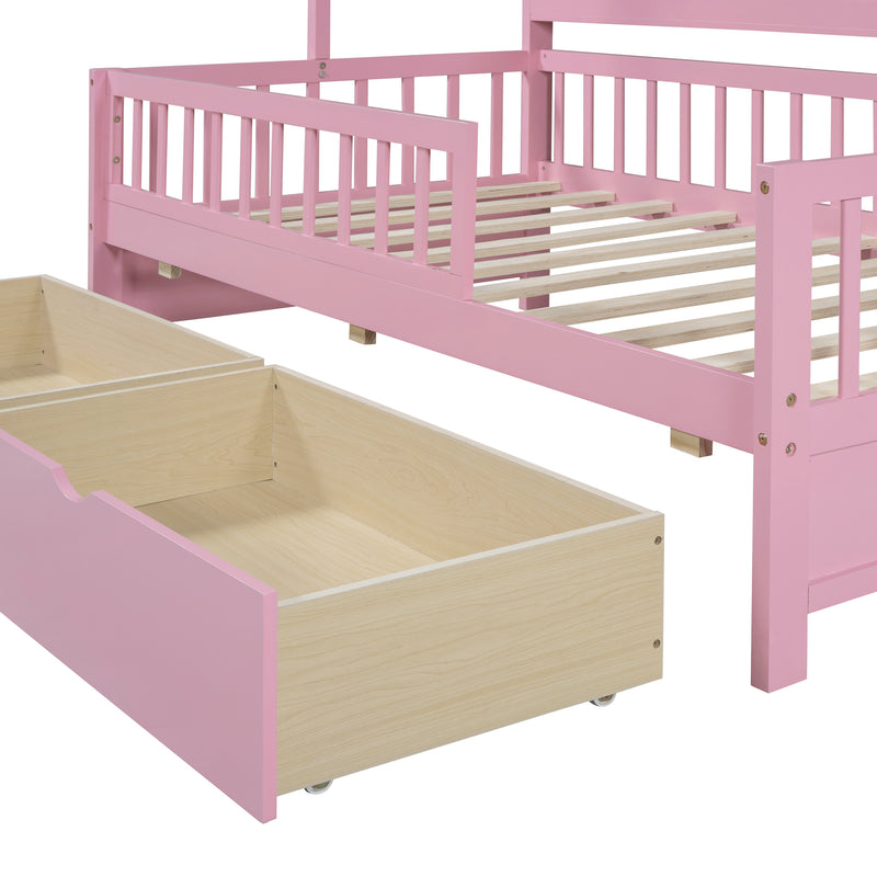 Wooden Twin Size House Bed with 2 Drawers,Kids Bed with Storage Shelf, Pink