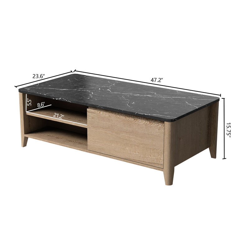 Modern Farmhouse Double Drawer Coffee Table For Living Room Or Office Marble Texture