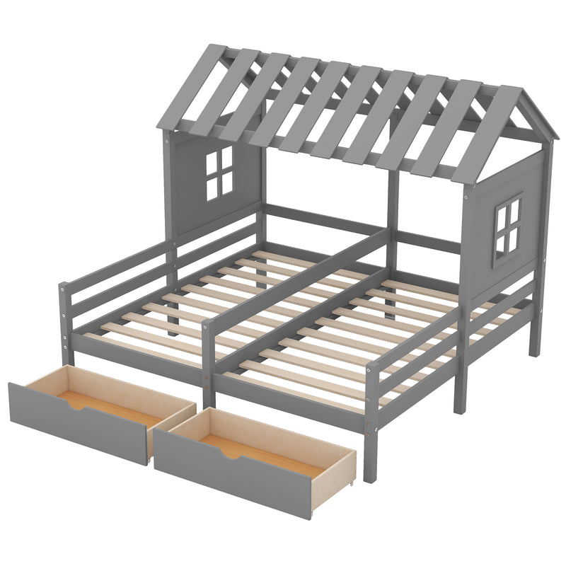 Twin Size House Platform Beds with Two Drawers for Boy and Girl Shared Beds, Combination of 2 Side by Side Twin Size Beds, Gray(old sku: GX000927AAE)