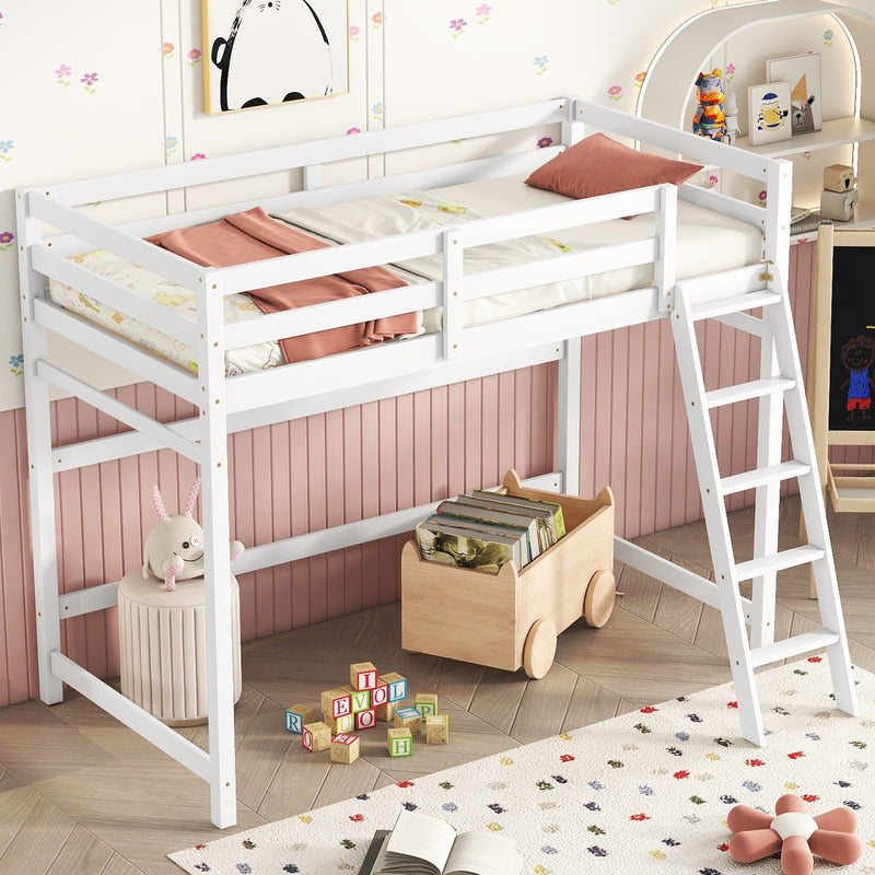 Twin Size High Loft Bed with inclined Ladder, Guardrails,White