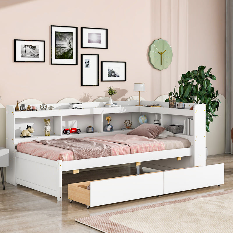 Twin Bed with L-shaped Bookcases,Drawers ,White