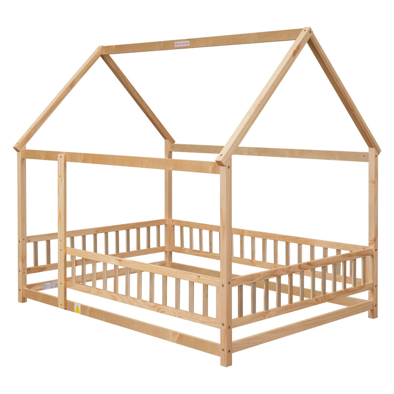 Floor Wooden Bed With House Roof Frame, Fence Guardrails