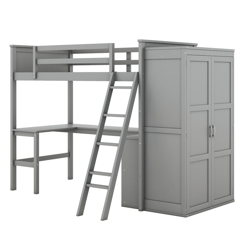 Twin size Loft Bed with Desk, Shelves and Wardrobe-Gray