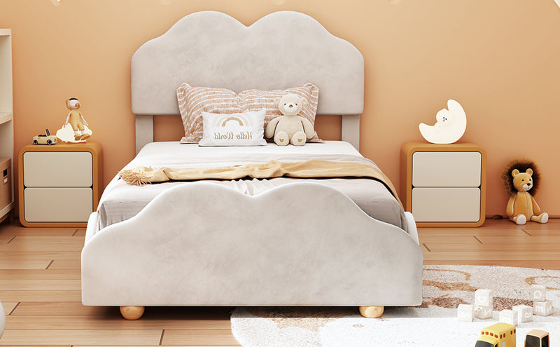 Twin Size Upholstered Platform Bed with Cloud Shaped bed board, Beige