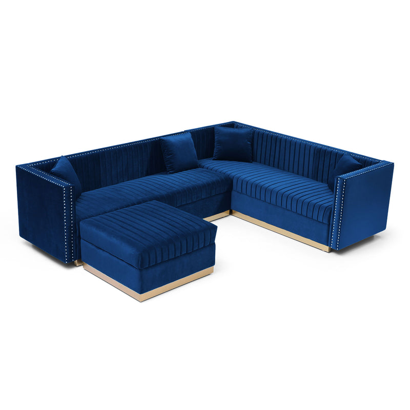 Contemporary Vertical Channel Tufted Velvet Sectional Sofa For Living Room Apartment With Ottoman And 4 Pillows