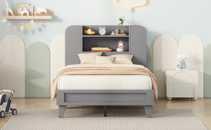 Twin Size Platform Bed with Storage Headboard,Multiple Storage Shelves on Both Sides,Grey