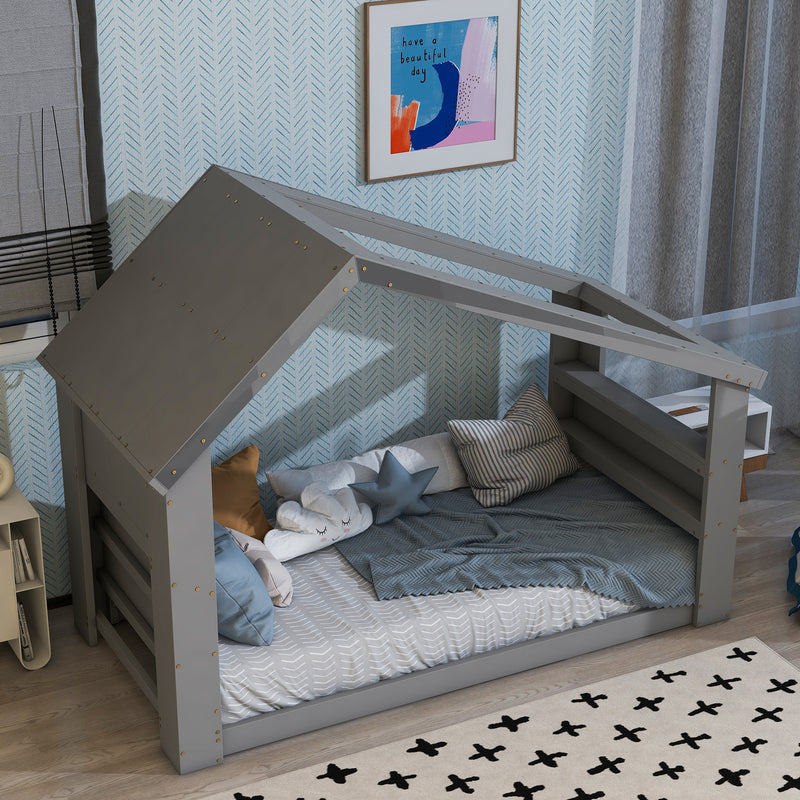 Twin House Floor Bed with Roof Window, LED Light,Grey