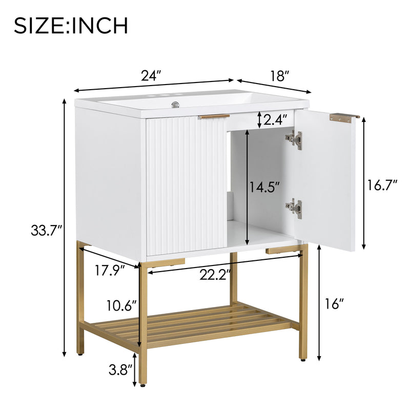 Bathroom Vanity With Sink, Bathroom Vanity Cabinet With Two Doors And Metal Frame, Open Storage Shelf - White / Gold