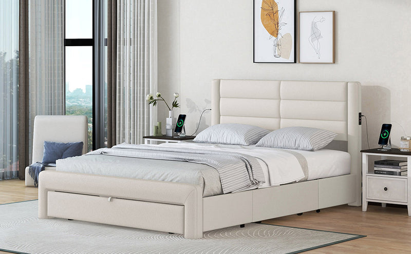 Queen Size Bed Frame with Drawers Storage, Leather Upholstered Platform Bed with Charging Station,Beige