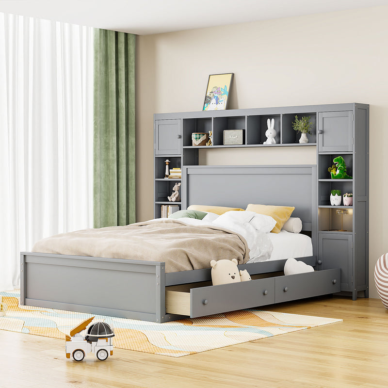 Queen Size Wooden Bed With All-in-One Cabinet, Shelf and Sockets, Gray