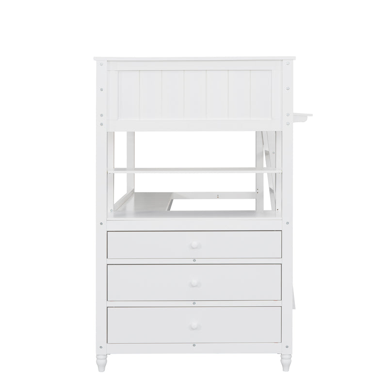 Twin size Loft Bed with Drawers and Desk, Wooden Loft Bed with Shelves - White(OLD SKU: LT001530AAK)