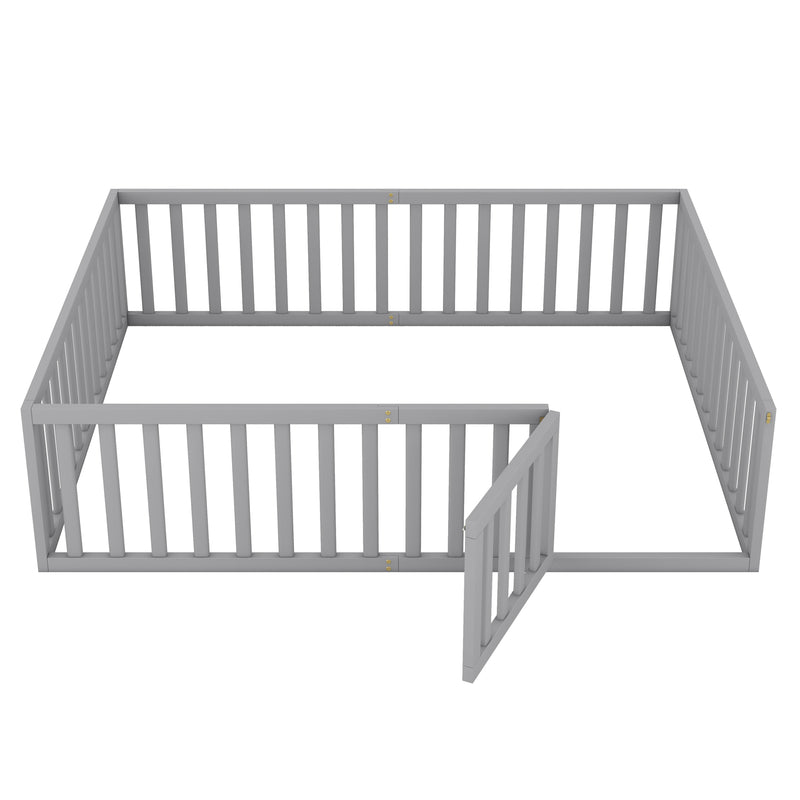 Queen Size Wood Floor Bed Frame with Fence and Door, Gray(OLD SKU:WF289663AAE)