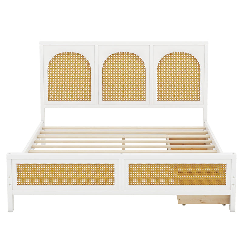 Queen Size Wood Storage Platform Bed with 2 Drawers, Rattan Headboard and Footboard, White