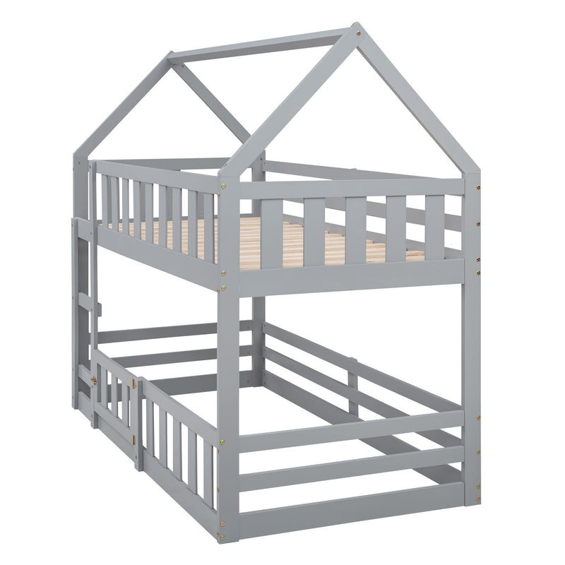 Twin Over Twin House Bunk Bed With Fence And Door - Gray