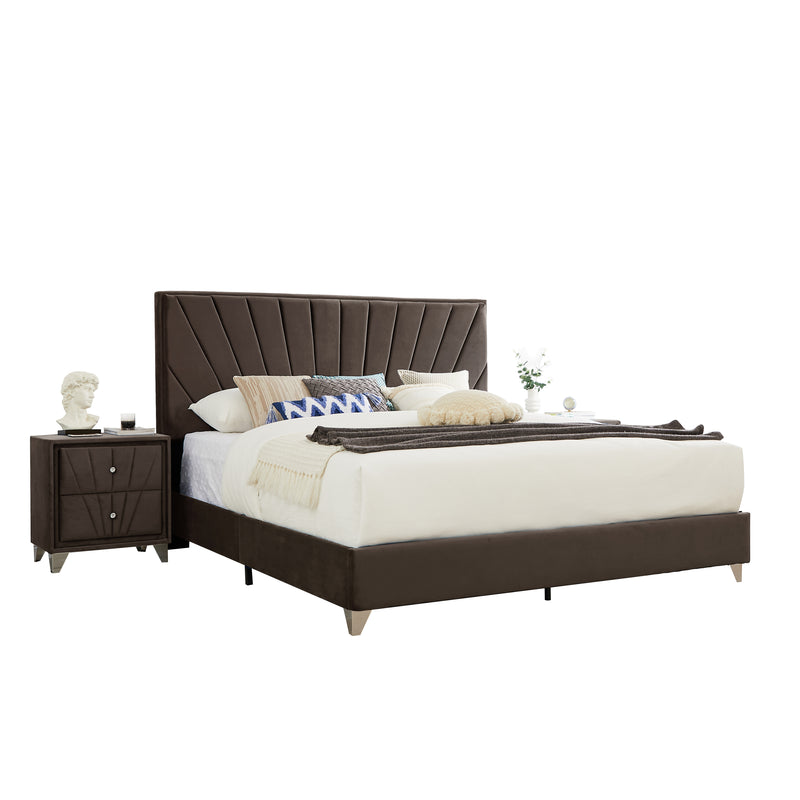 B108 King bed with one nightstand, Beautiful line stripe cushion headboard , strong wooden slats + metal legs with Electroplate