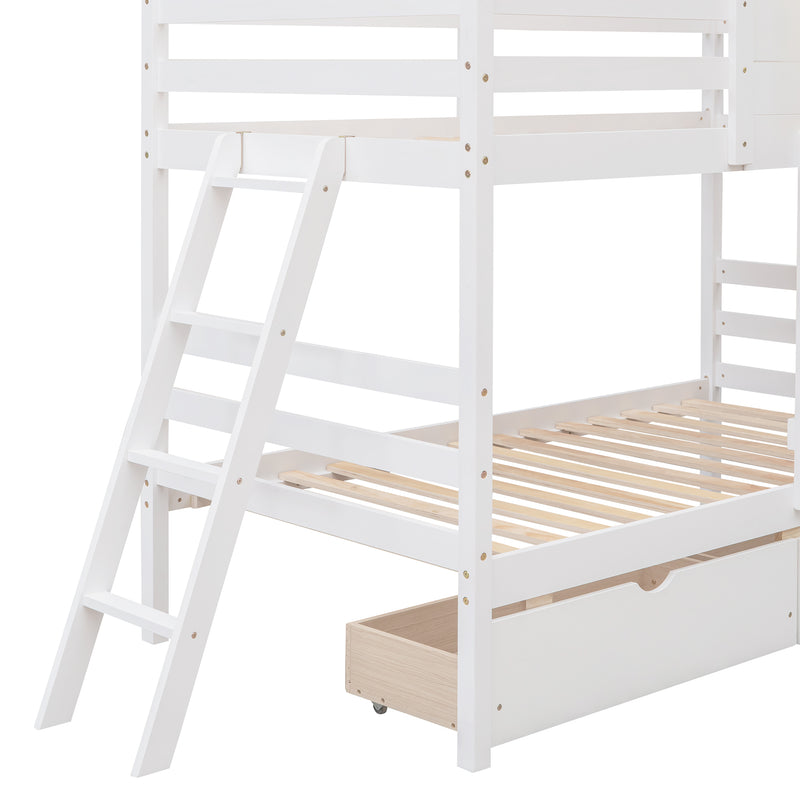 Twin over Twin Bunk Bed with 2 Drawers, 1 Storage Box, 1 Shelf, Window and Roof-White(OLD SKU:LT000608AAK)