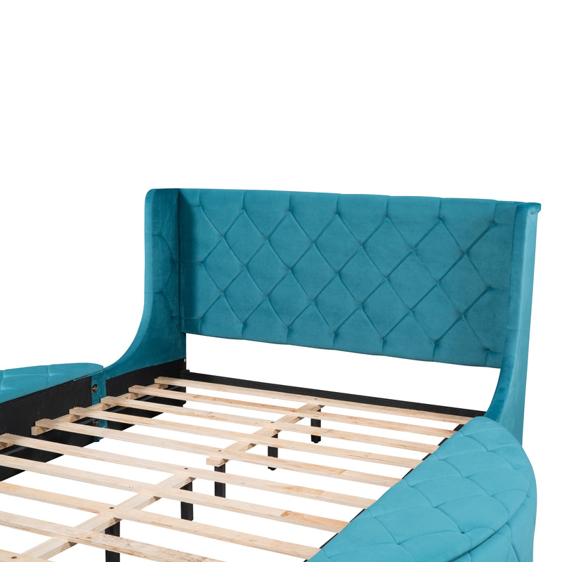 Upholstered Platform Bed Queen Size Storage Velvet Bed with Wingback Headboard and 1 Big Drawer,2 Side Storage Stool(Blue)