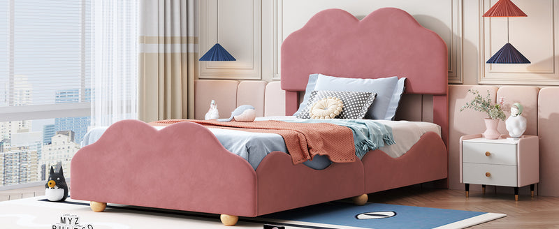 Twin Size Upholstered Platform Bed with Cloud Shaped bed board, Dark Pink