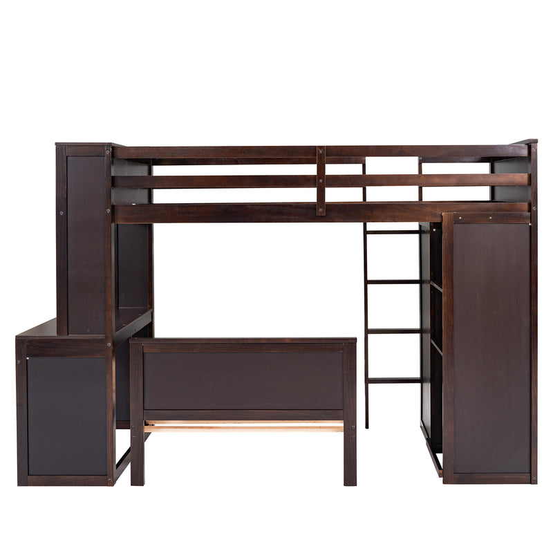 Twin size Loft Bed with a Stand-alone bed, Shelves,Desk,and Wardrobe-Espresso