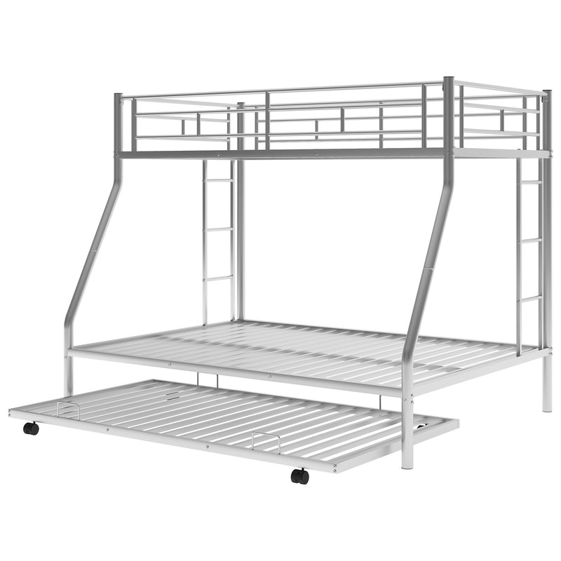 Twin over Full Bed with Sturdy Steel Frame, Bunk Bed with Twin Size Trundle, Two-Side Ladders, Silver(OLD SKU:MF194424AAN)