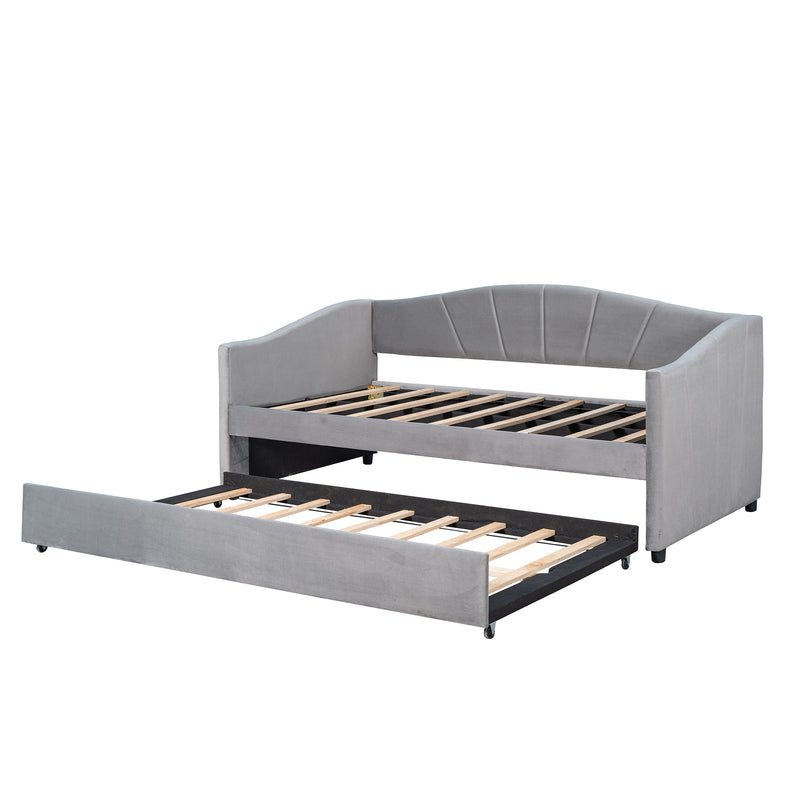 Upholstered Daybed Sofa Bed Twin Size With Trundle Bed and Wood Slat ,Gray