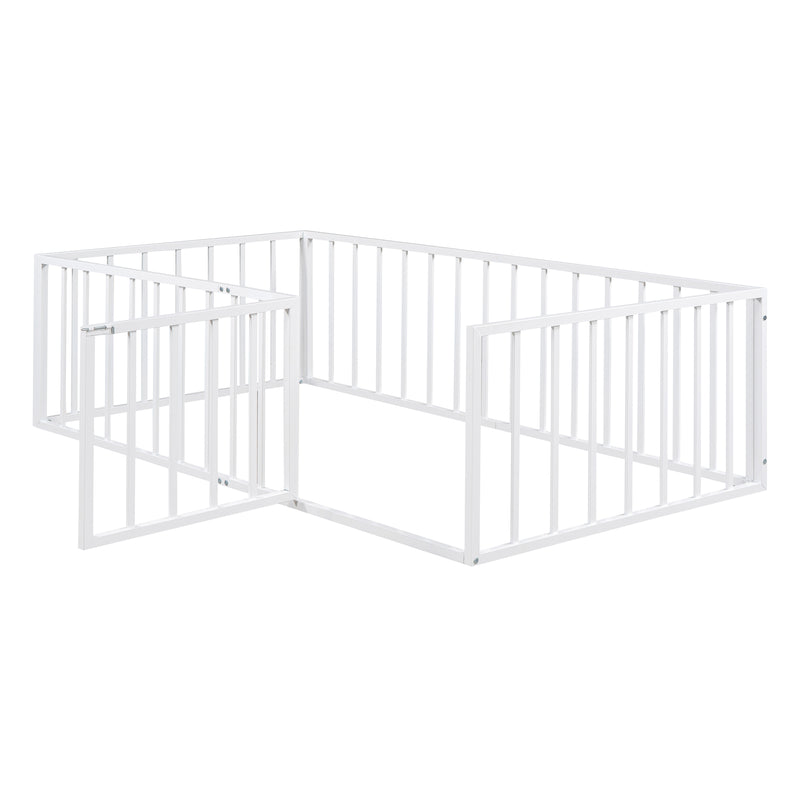 Twin Size Metal Floor Bed Frame with Fence and Door, White