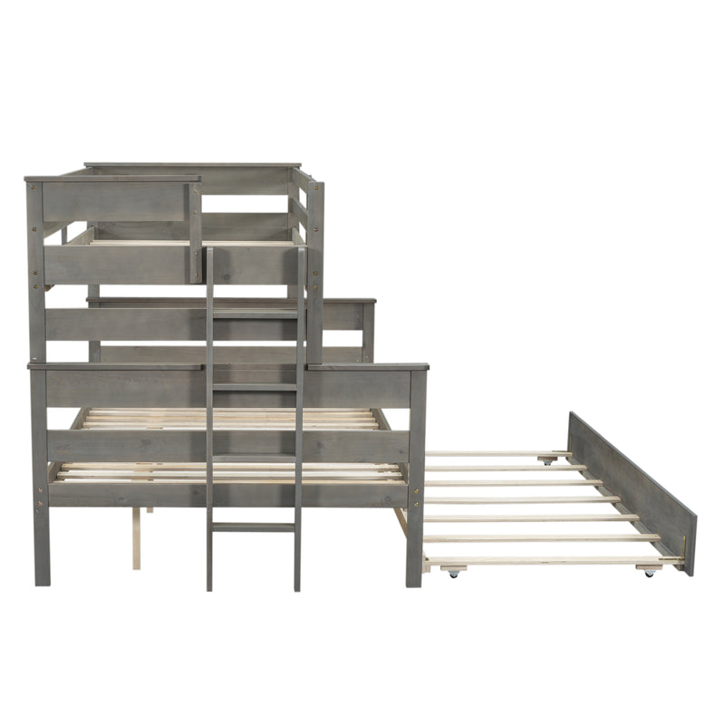 Wood Twin over Full Bunk Bed with Twin Size Trundle, Gray