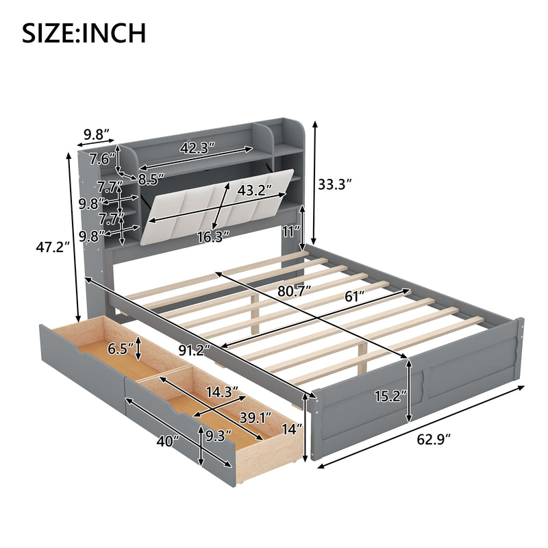 Wood Queen Size Platform Bed with Storage Headboard, Shelves and 2 Drawers, Gray