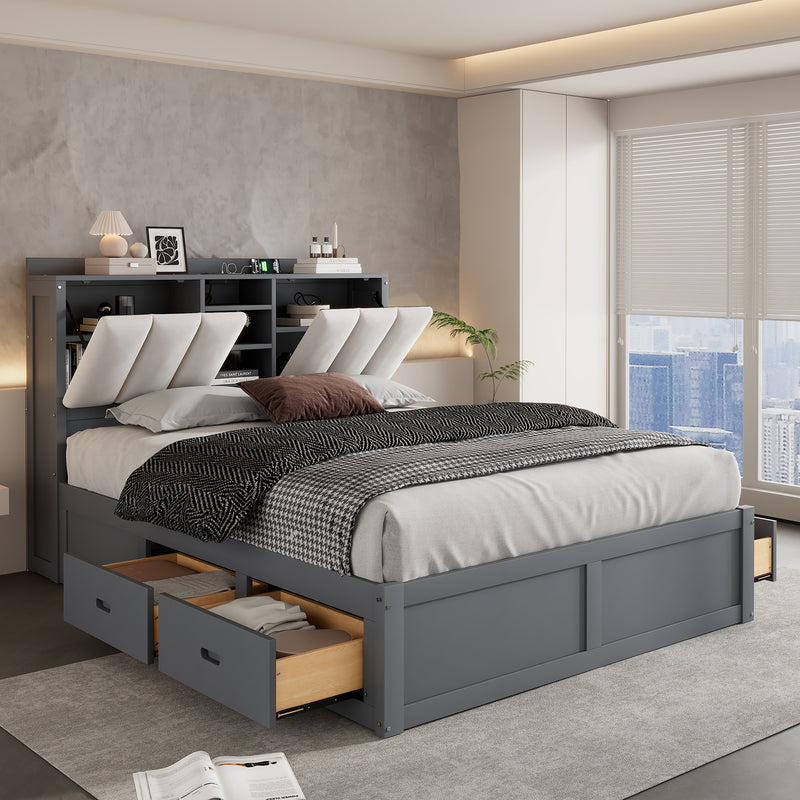 Wood Full Size Platform Bed with Storage Headboard and 4 Drawers, Gray