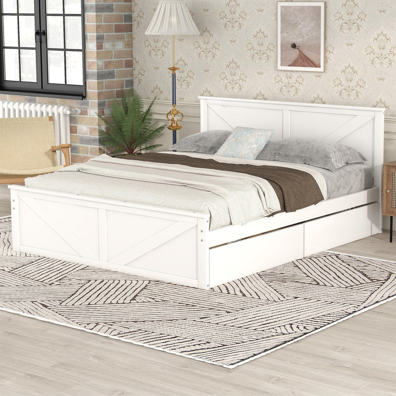 Queen Size Wooden Platform Bed with Four Storage Drawers and Support Legs, White