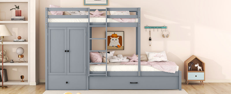 Twin-over-twin Bunk Bed with Wardrobe, Drawers and Shelves, Gray