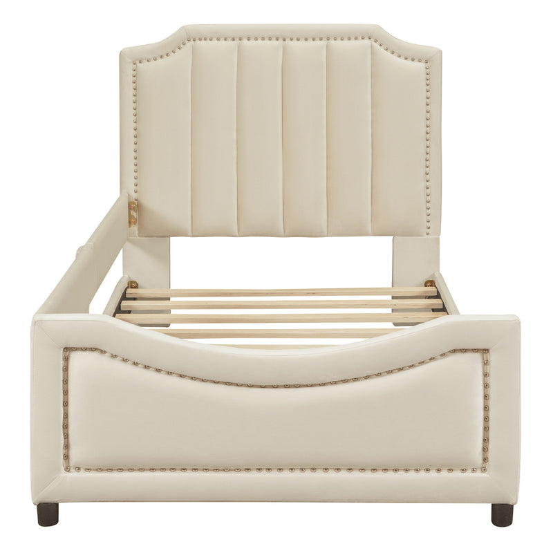 Twin Size Upholstered Daybed with Classic Stripe Shaped  Headboard, Beige