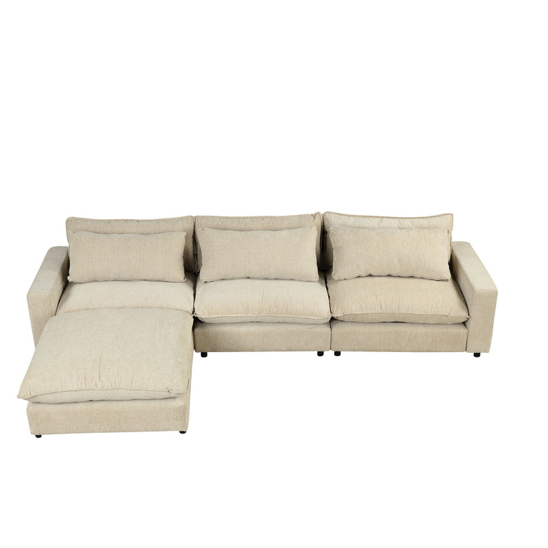 Sectional Sofa Cloud Sofa Chenille Upholstered Sofa Couch With Movable Ottoman, Comfortable Seat Cushions, Charging Ports And Three Back Pillows For Living Room