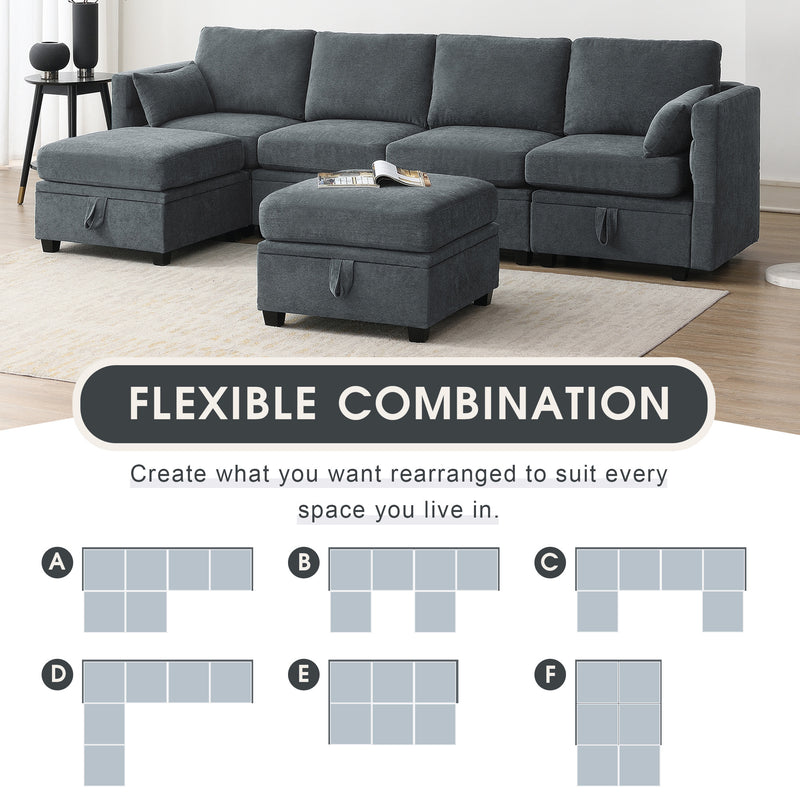 [VIDEO provided] [New] 109*54.7" Chenille Modular Sectional Sofa,U Shaped Couch with Adjustable Armrests and Backrests,6 Seat Reversible Sofa Bed with Storage Seats for Living Room, Apartment,2 Colors