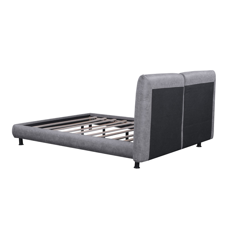 Queen Size Upholstered Platform Bed with Two Large Headrests and Thick Fabric, Polyester, Gray