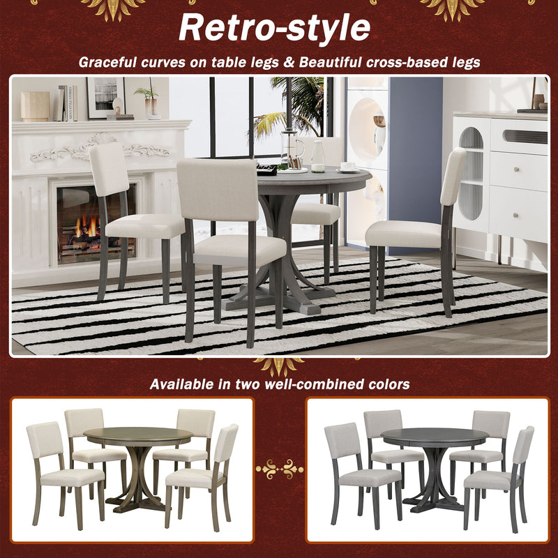 Retro Round Dining Table Set With Curved Trestle Style Table Legs And Upholstered Chairs For Dining Room