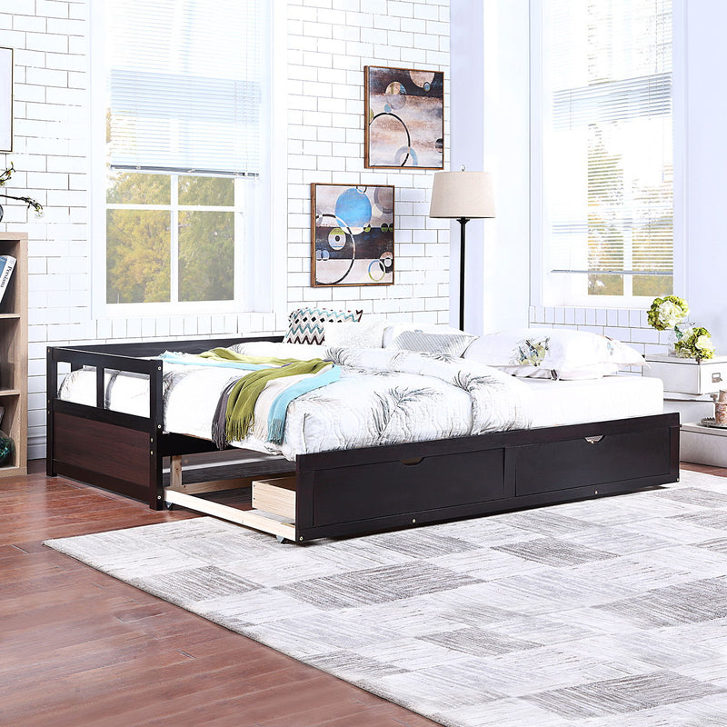 Wooden Daybed With Trundle Bed And Two Storage Drawers, Extendable Bed Daybed, Sofa Bed For Bedroom Living Room