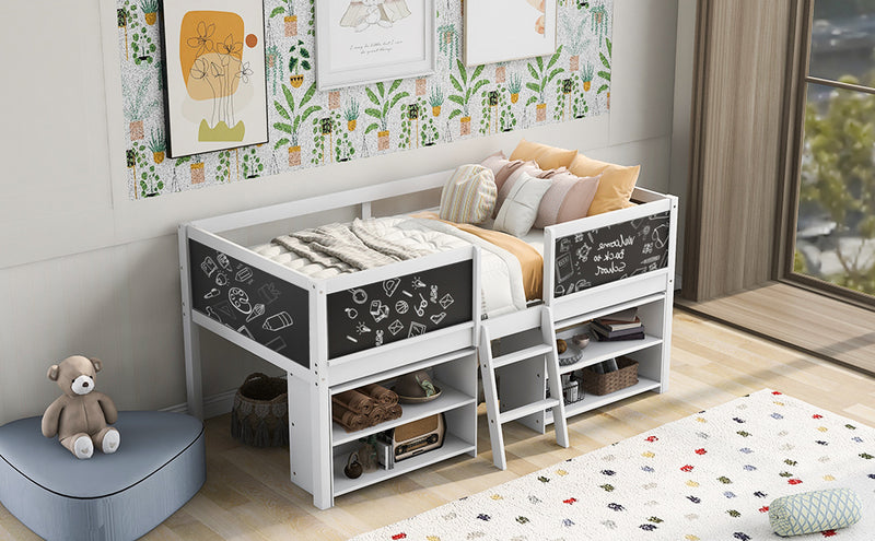 Twin Size Low Loft Bed with Two Movable Shelves and Ladder,with Decorative Guardrail Chalkboard,White(Old SKU: WF283286AAK)