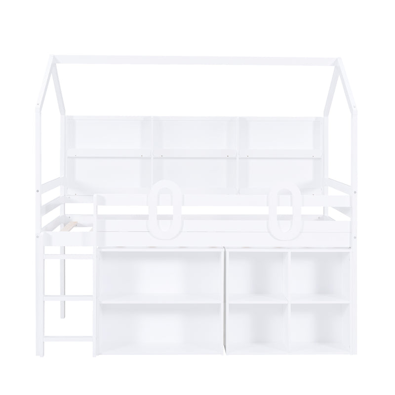 Twin Size House Loft Bed with Multiple Storage Shelves, White