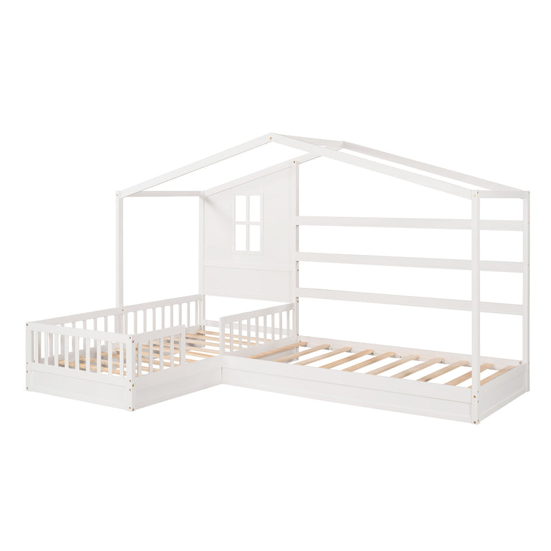 Wood House Bed Twin Size, 2 Twin Solid Bed L structure with fence and slatted frame （White)