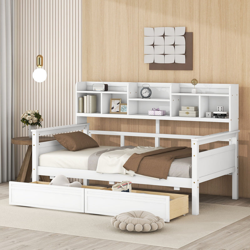 Daybed, Wood Slat Support, With Bedside Shelves And Two Drawers