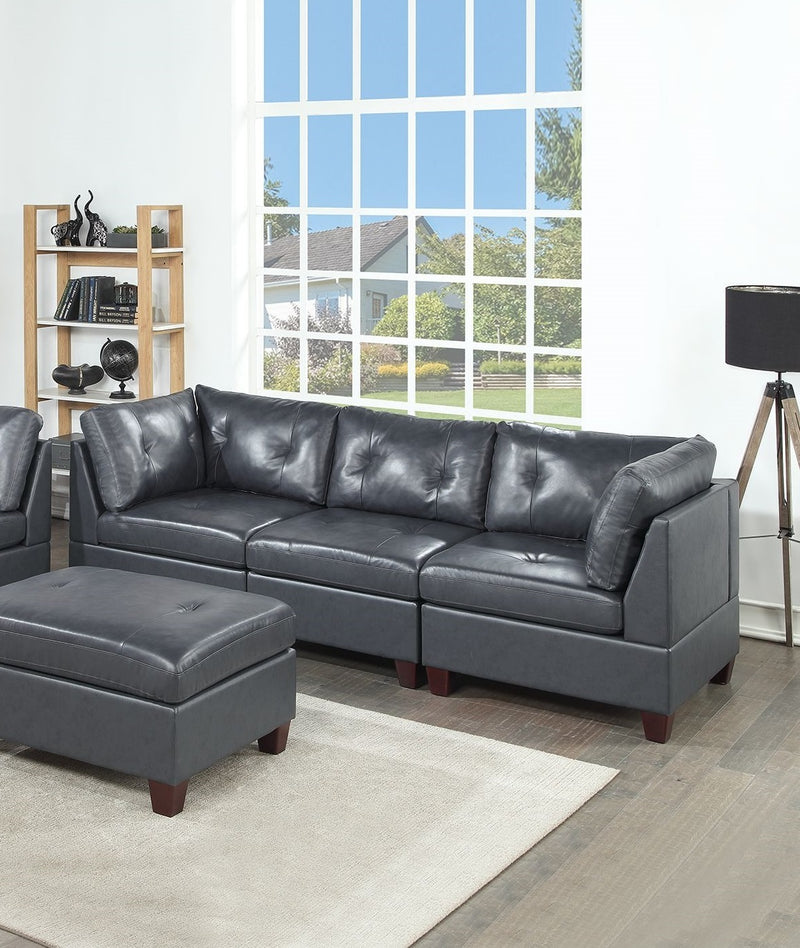 Contemporary Genuine Leather Black Tufted 6pc Sectional Set 4x Corner Wedge 1x Armless Chair 1x Ottomans Living Room Furniture Sofa Couch