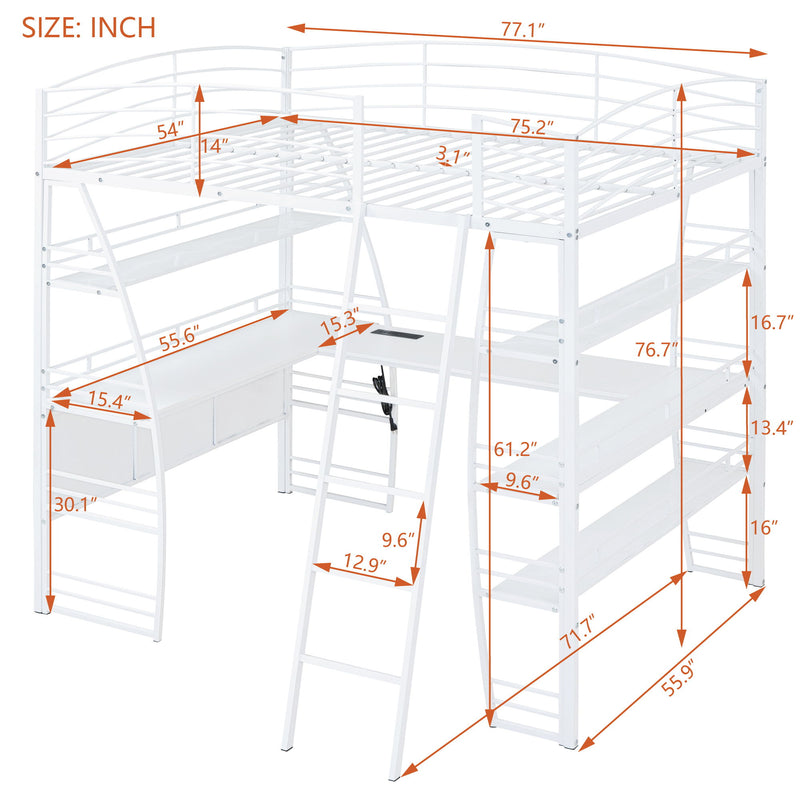 Loft Bed With 4 Layers Of Shelves And L-Shaped Desk, Stylish Metal Frame Bed With A Set Of Sockets, USB Ports And And Wireless Charging