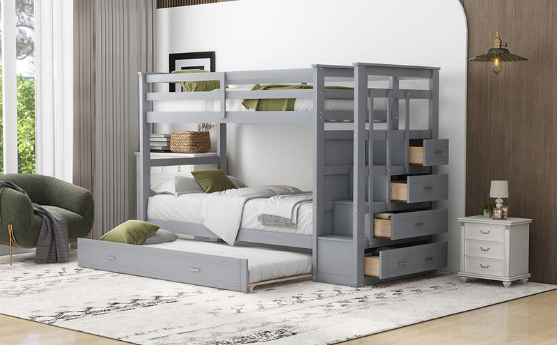 Twin Over Twin Bunk Bed with Trundle and Staircase,Gray(OLD SKU:LT000068AAE)