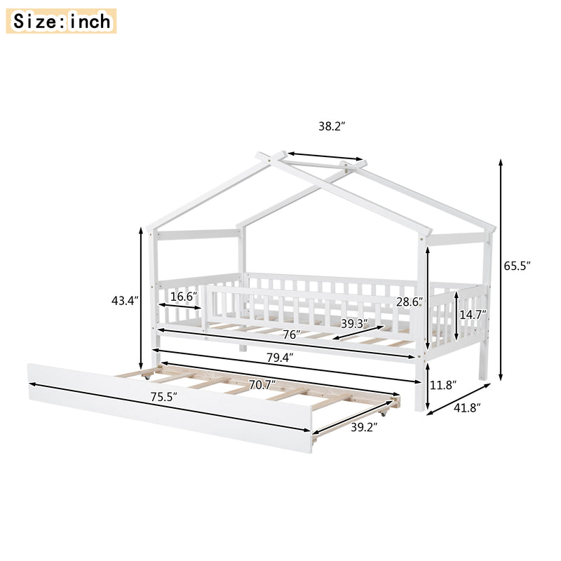 Twin Size Wooden House Bed with Twin Size Trundle, White