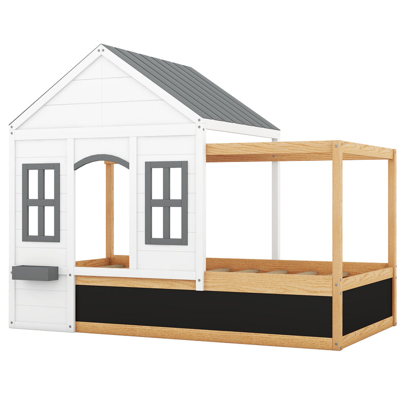 Twin Size House Shaped Canopy Bed with Black Roof and White Window,Blackboard and Little Shelf, White(Old SKU: WF294051AAK)