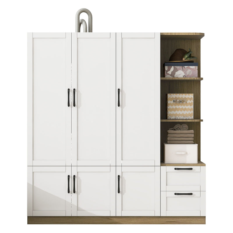 3 Door Storage Wardrobe For Dedroom With Shelves And 2 Drawers, Side Storage Shelves