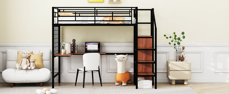 Twin Size Metal Loft Bed with Desk and Metal Grid, Stylish Metal Frame Bed with Lateral Storage Ladder and Wardrobe, Black