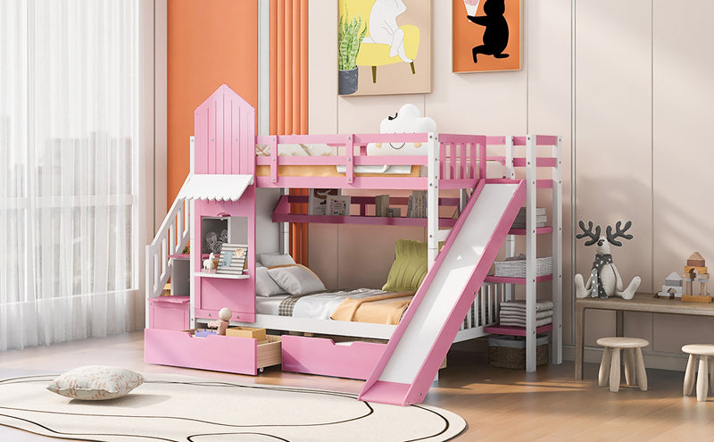 Twin-Over-Twin Castle Style Bunk Bed with 2 Drawers 3 Shelves and Slide - Pink