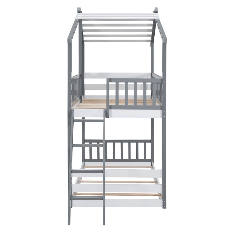 Twin Over Twin Bunk Bed Wood Bed with Roof, Window, Ladder,Gray(OLD SKU :LT100008AAE)